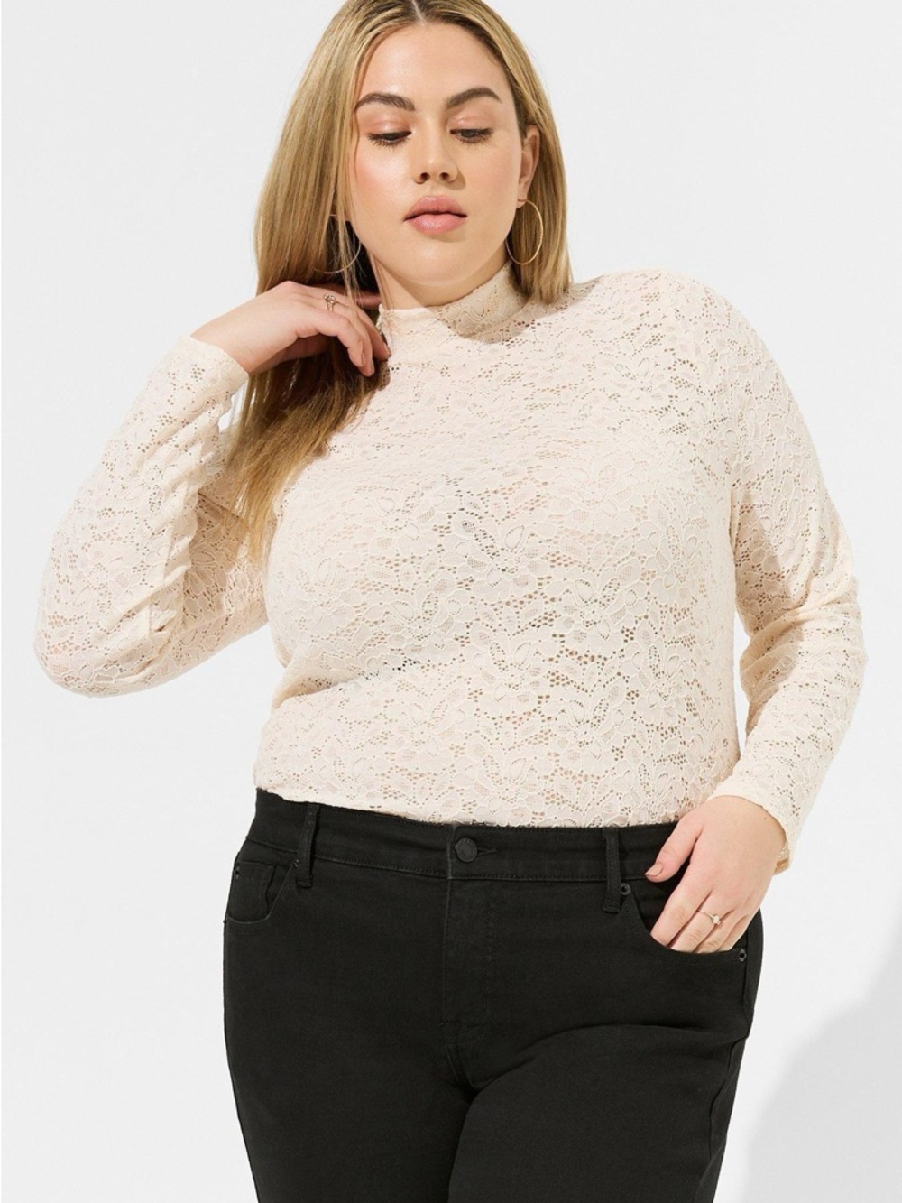 torrid Cream Lace Mock Neck Long-Sleeve Top